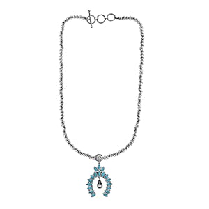 D'Joy Artisan Crafted White Buffalo and Sleeping Beauty Turquoise 6.00 ctw Squash Blossom Necklace in Black Oxidized Sterling Silver 18 Inches