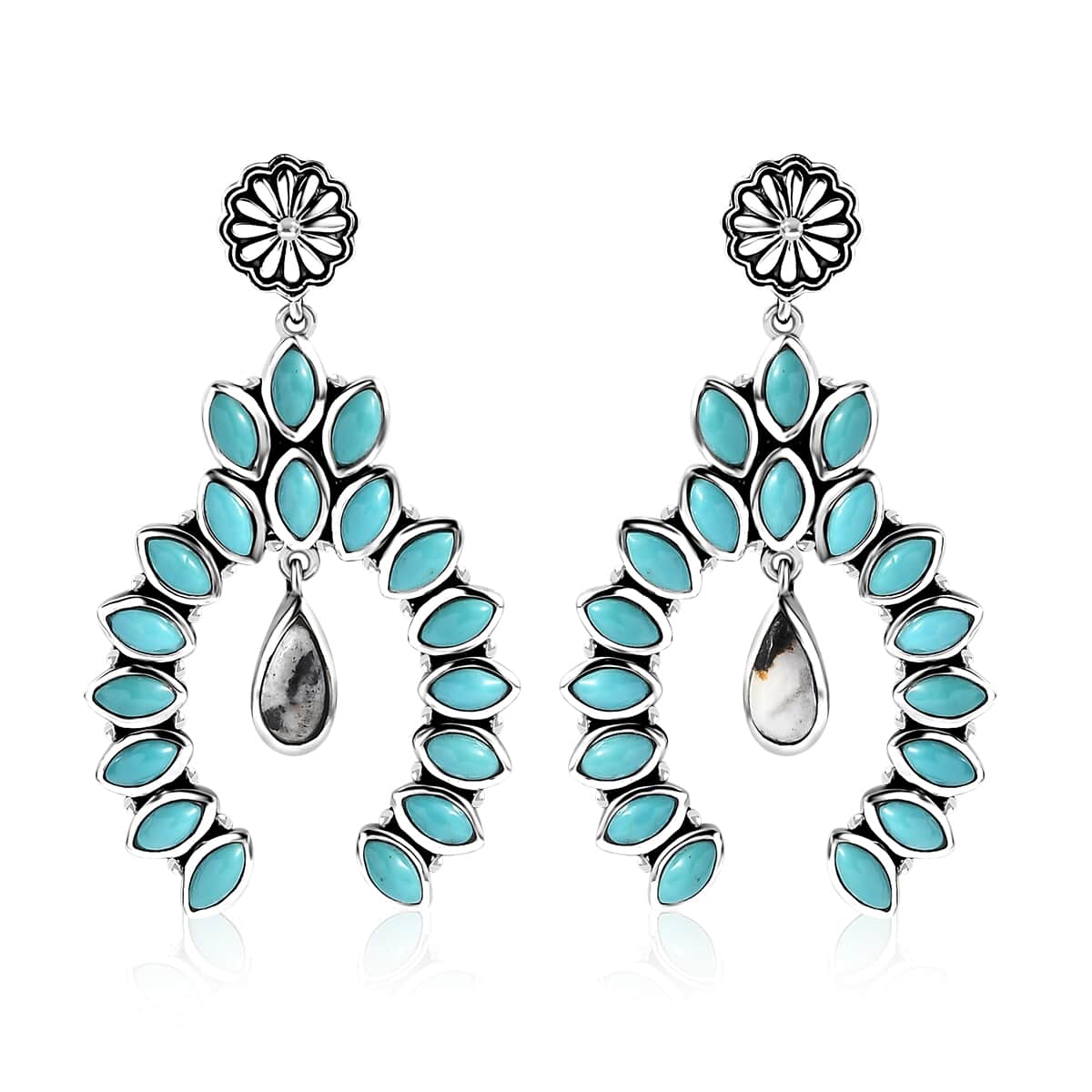 Artisan Crafted Sleeping Beauty Turquoise and White Buffalo 7.25 ctw Squash Blossom Earrings in Sterling Silver image number 0