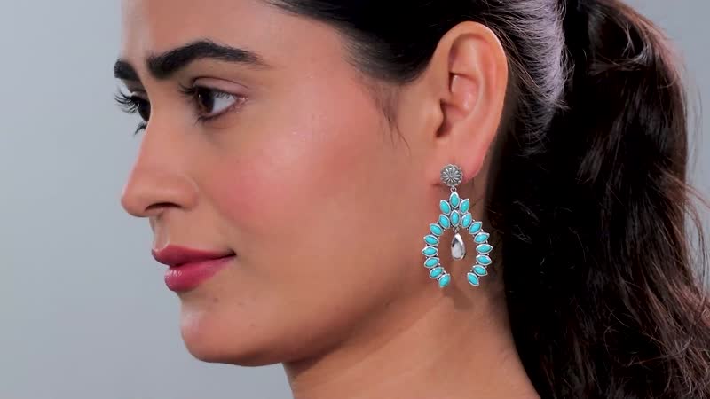 Artisan Crafted Sleeping Beauty Turquoise and White Buffalo 7.25 ctw Squash Blossom Earrings in Sterling Silver