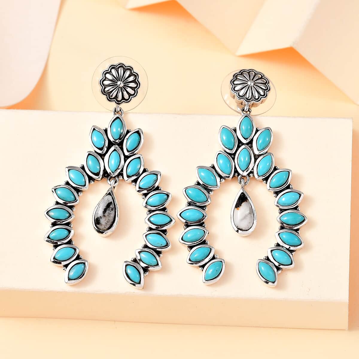 Artisan Crafted Sleeping Beauty Turquoise and White Buffalo 7.25 ctw Squash Blossom Earrings in Sterling Silver image number 1