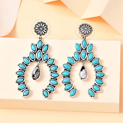 Artisan Crafted Sleeping Beauty Turquoise and White Buffalo 7.25 ctw Squash Blossom Earrings in Sterling Silver