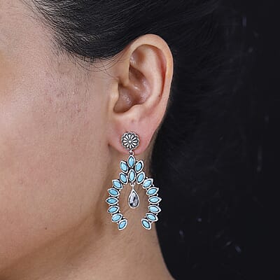 Artisan Crafted Sleeping Beauty Turquoise and White Buffalo 7.25 ctw Squash Blossom Earrings in Sterling Silver