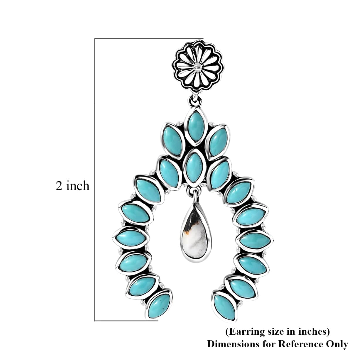 Artisan Crafted Sleeping Beauty Turquoise and White Buffalo 7.25 ctw Squash Blossom Earrings in Sterling Silver image number 4