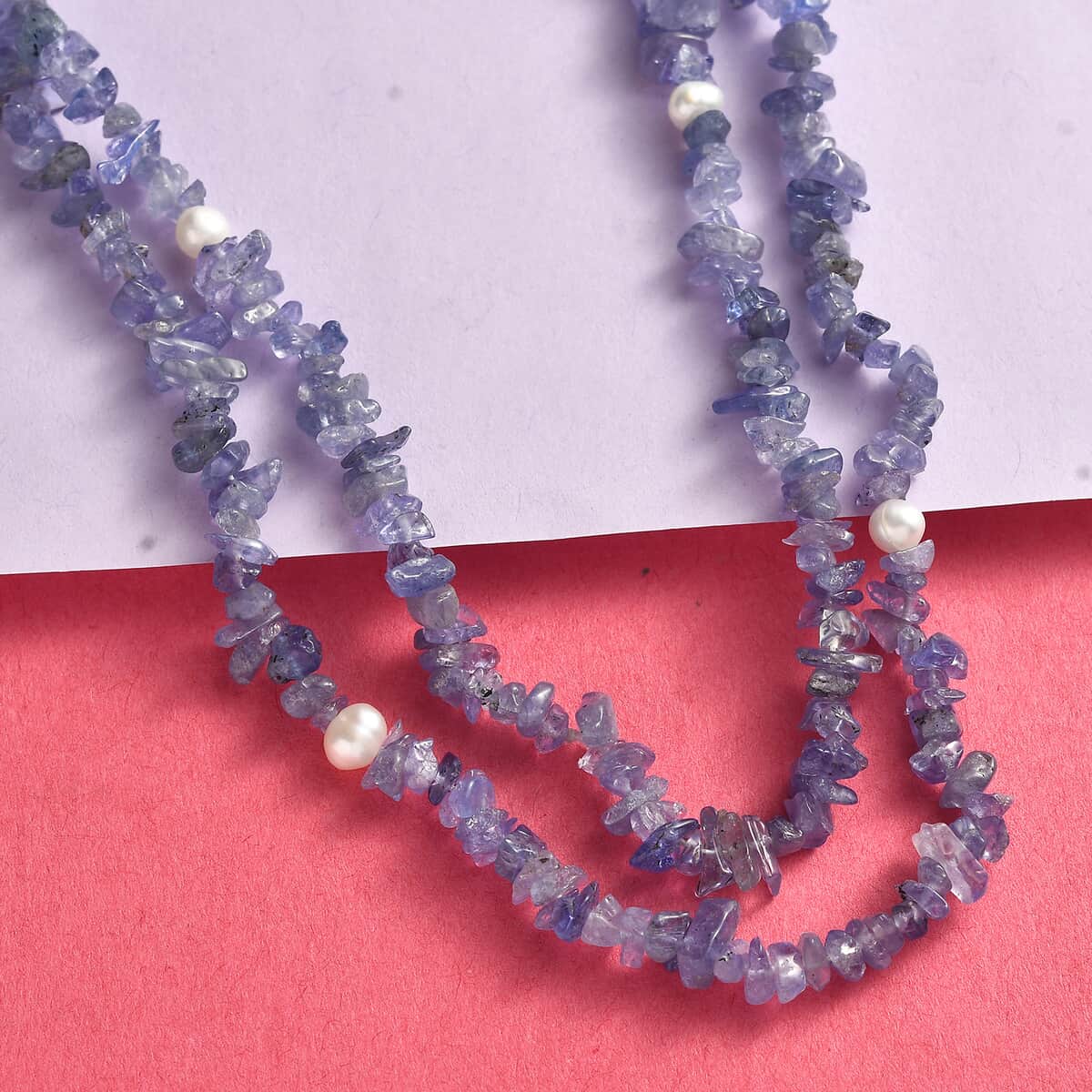 Tanzanite and Freshwater Pearl 172.00 ctw Chips Necklace 36 Inches  image number 1