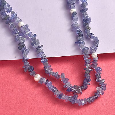 Tanzanite and Freshwater Pearl 172.00 ctw Chips Necklace 36 Inches