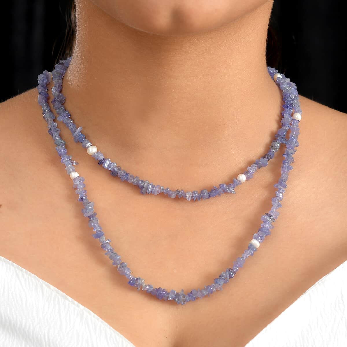 Tanzanite and Freshwater Pearl 172.00 ctw Chips Necklace 36 Inches  image number 2