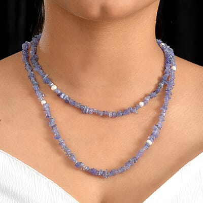 Tanzanite and Freshwater Pearl 172.00 ctw Chips Necklace 36 Inches