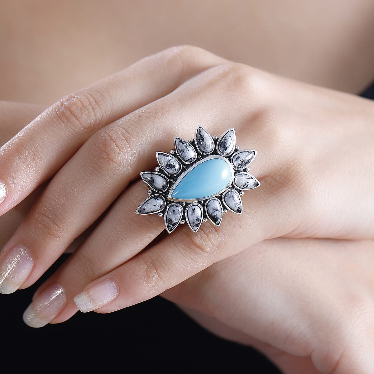Artisan Crafted Sleeping Beauty Turquoise and White Buffalo 14.40 ctw Ring in Sterling Silver (Size 6.0) image number 1