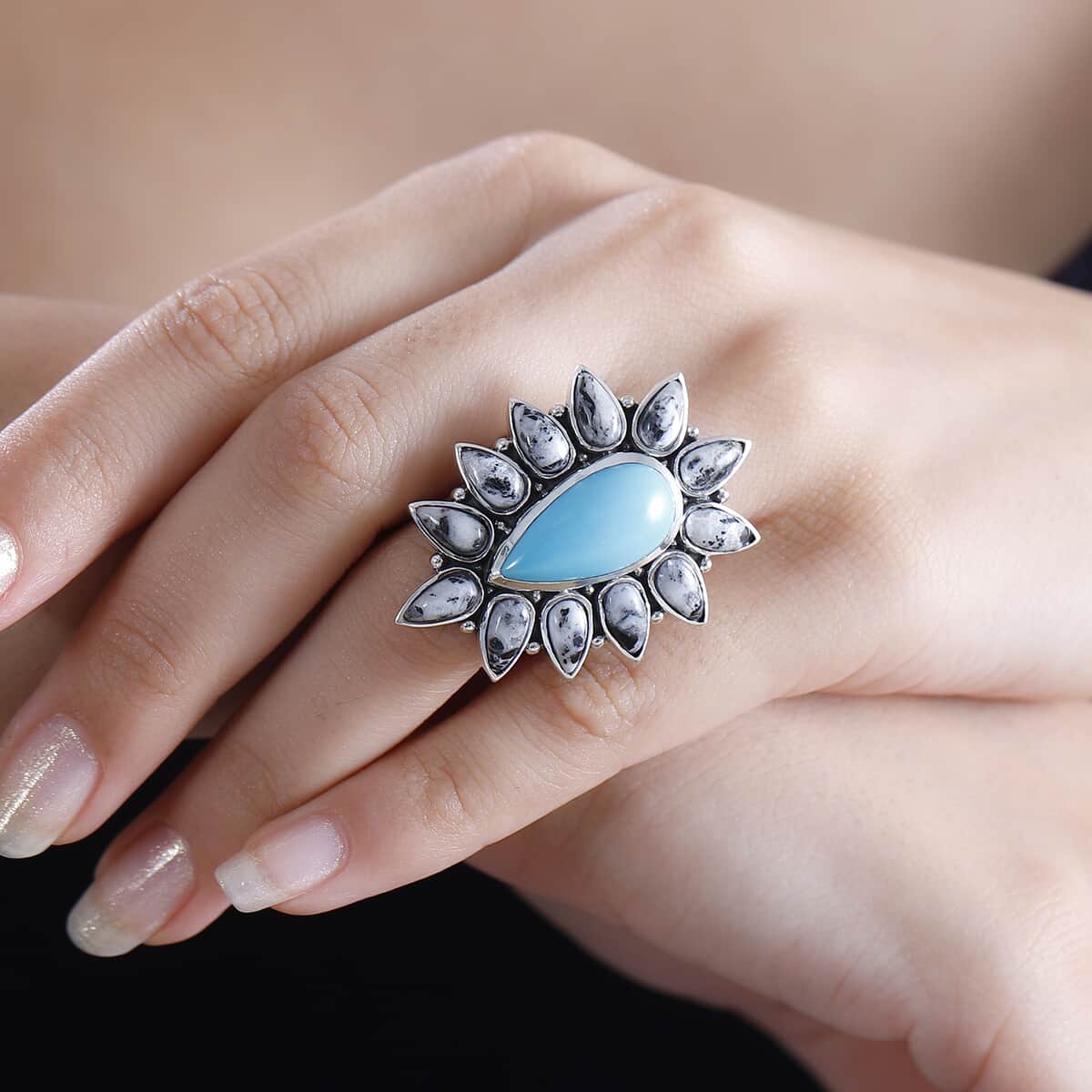 Artisan Crafted Sleeping Beauty Turquoise and White Buffalo 14.40 ctw Ring in Sterling Silver (Size 7.0) image number 1