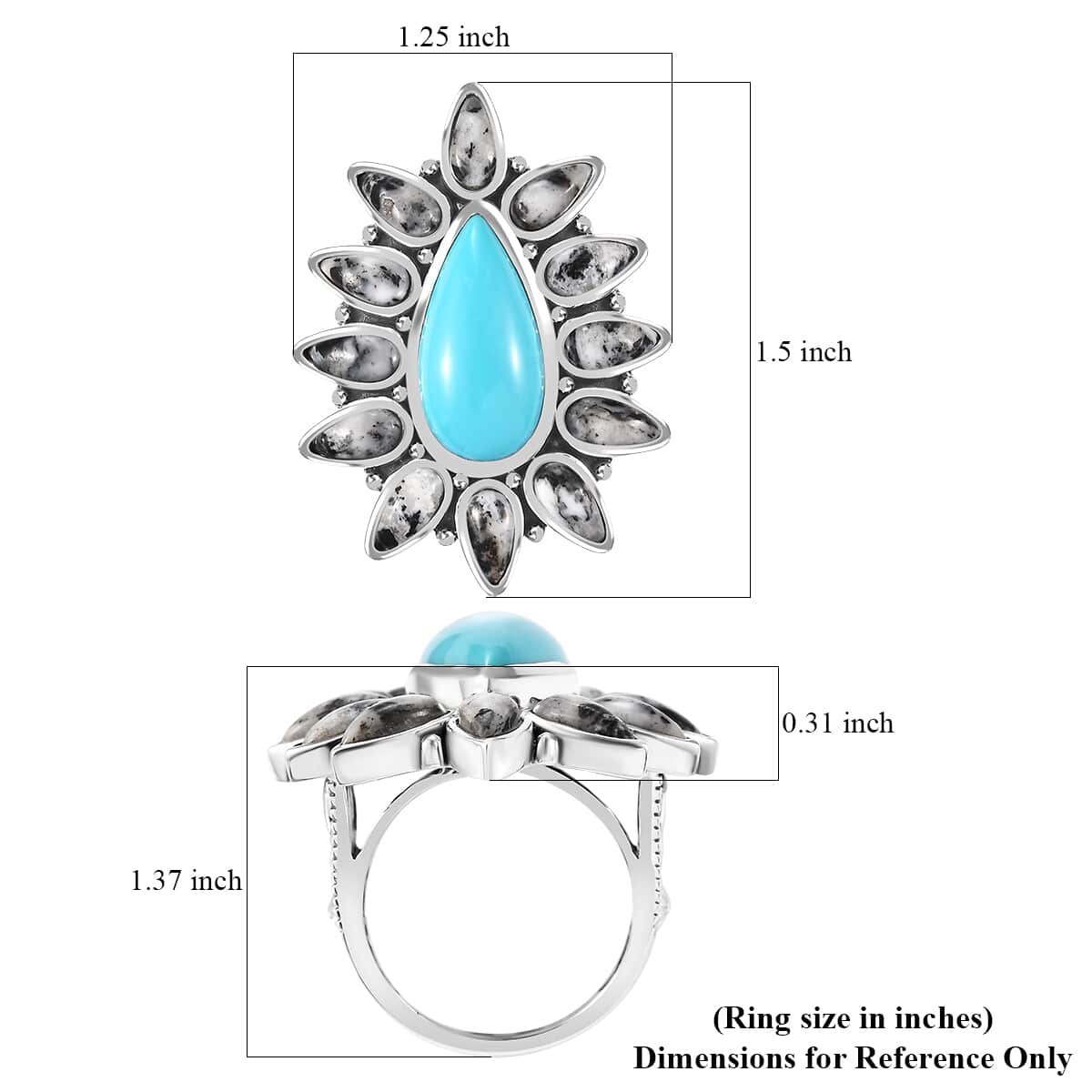 Artisan Crafted Sleeping Beauty Turquoise and White Buffalo 14.40 ctw Ring in Sterling Silver (Size 7.0) image number 4