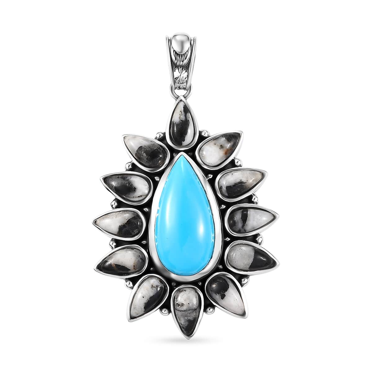 Artisan Crafted Sleeping Beauty Turquoise and White Buffalo 15.40 ctw Floral Pendant in Sterling Silver image number 0