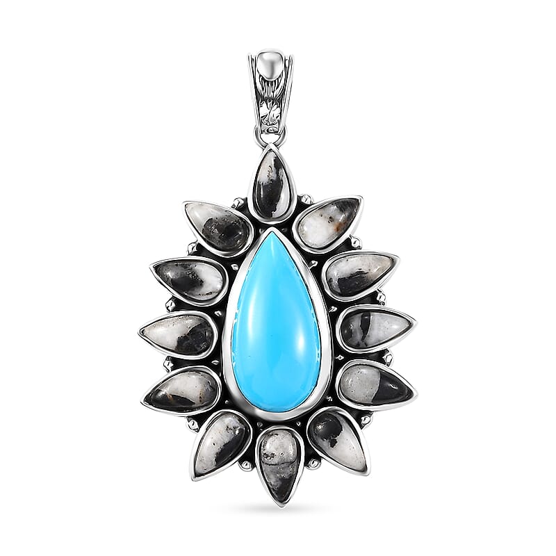 Artisan Crafted Sleeping Beauty Turquoise and White Buffalo 15.40 ctw Floral Pendant without Chain in Sterling Silver