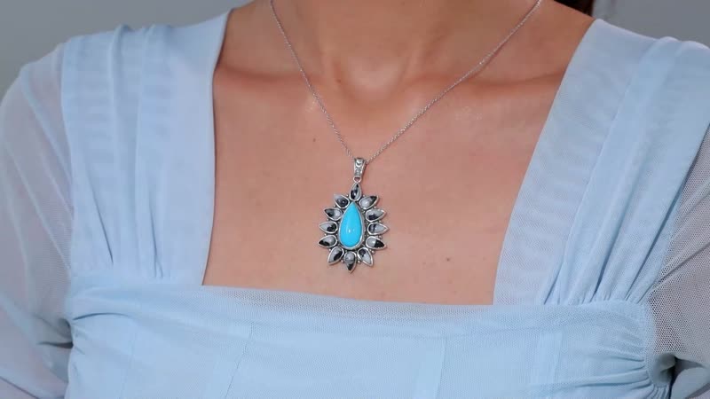 Artisan Crafted Sleeping Beauty Turquoise and White Buffalo 15.40 ctw Floral Pendant without Chain in Sterling Silver