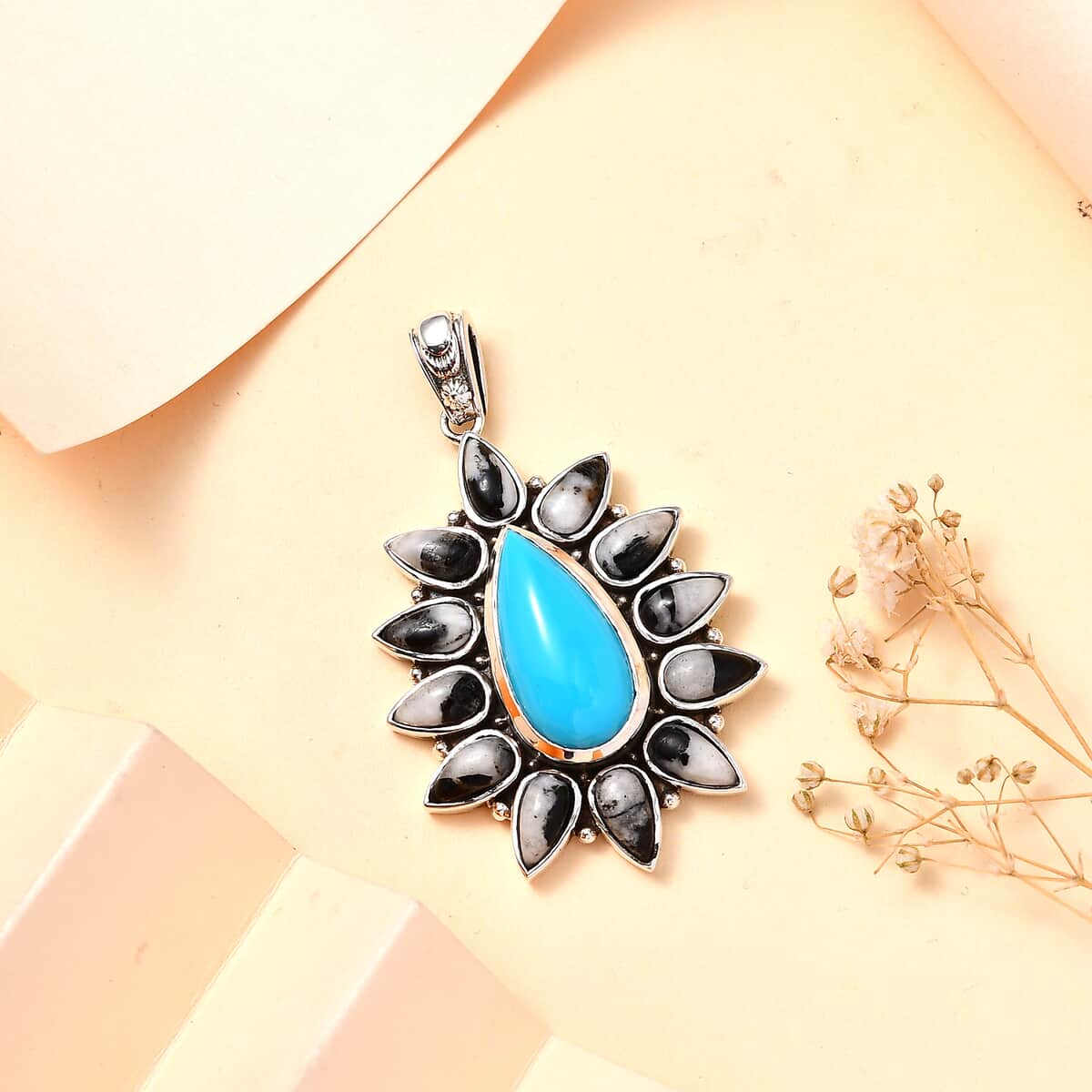 Artisan Crafted Sleeping Beauty Turquoise and White Buffalo 15.40 ctw Floral Pendant in Sterling Silver image number 1