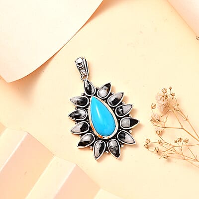 Artisan Crafted Sleeping Beauty Turquoise and White Buffalo 15.40 ctw Floral Pendant without Chain in Sterling Silver