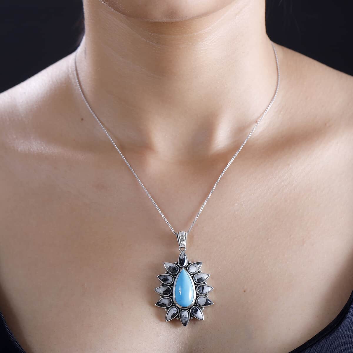 Artisan Crafted Sleeping Beauty Turquoise and White Buffalo 15.40 ctw Floral Pendant in Sterling Silver image number 2