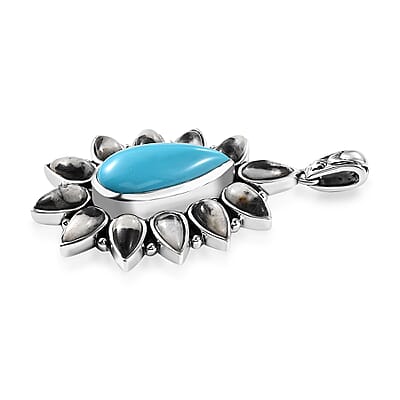 Artisan Crafted Sleeping Beauty Turquoise and White Buffalo 15.40 ctw Floral Pendant without Chain in Sterling Silver