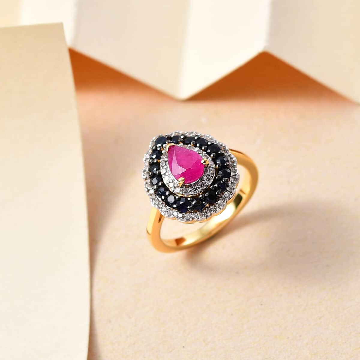 Premium Royal Ruby and Multi Gemstone 2.00 ctw Crimson Bloom Ring in 18K Vermeil Yellow Gold Over Sterling Silver (Size 7.0) image number 1