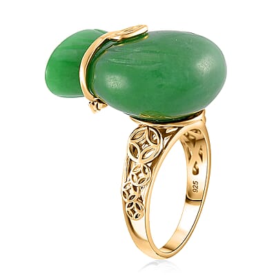 Green Jade (D) 42.00 ctw Carved Tied Money Bag Ring in 18K Vermeil Yellow Gold Over Sterling Silver (Size 10.0)