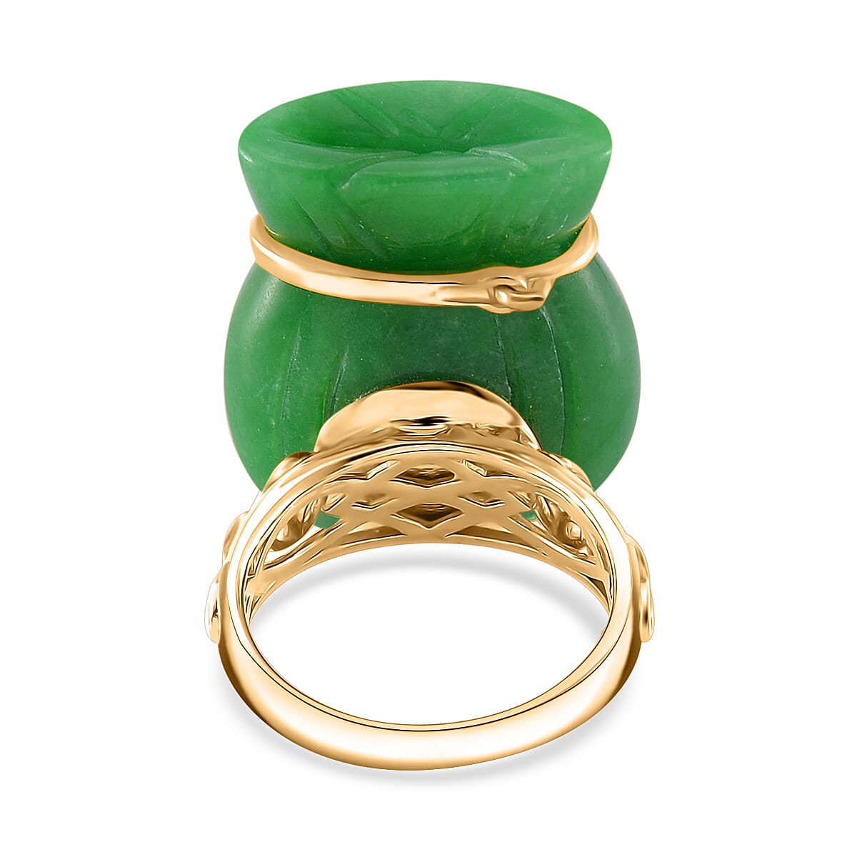 Green Jade (D) 42.00 ctw Carved Tied Money Bag Ring in 18K Vermeil Yellow Gold Over Sterling Silver (Size 10.0)