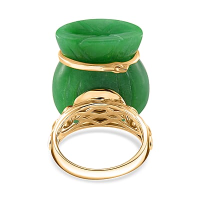 Green Jade (D) 42.00 ctw Carved Tied Money Bag Ring in 18K Vermeil Yellow Gold Over Sterling Silver (Size 10.0)