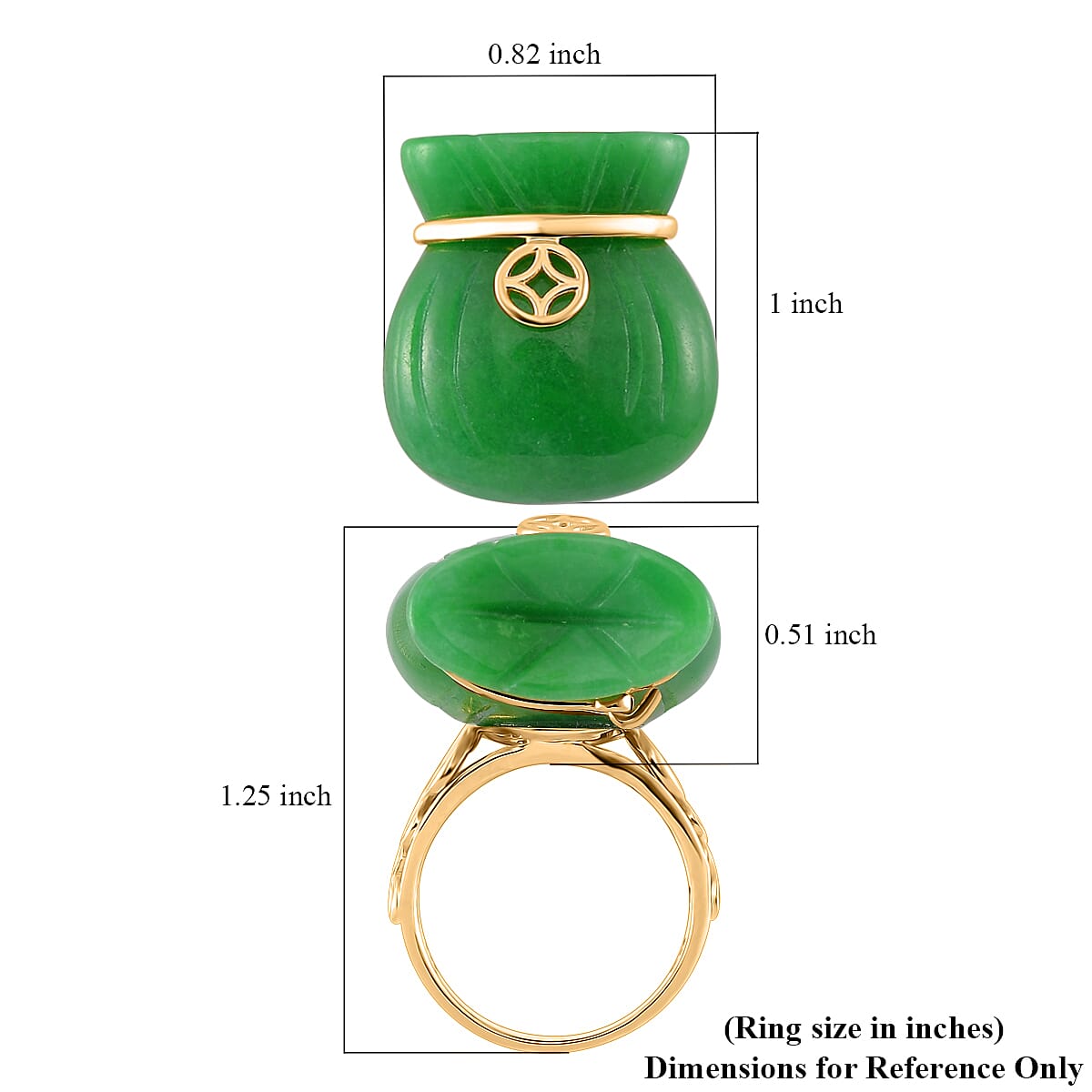 Green Jade (D) 42.00 ctw Carved Tied Money Bag Ring in 18K Vermeil Yellow Gold Over Sterling Silver (Size 10.0)