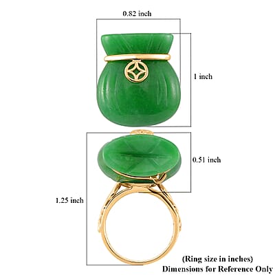 Green Jade (D) 42.00 ctw Carved Tied Money Bag Ring in 18K Vermeil Yellow Gold Over Sterling Silver (Size 10.0)