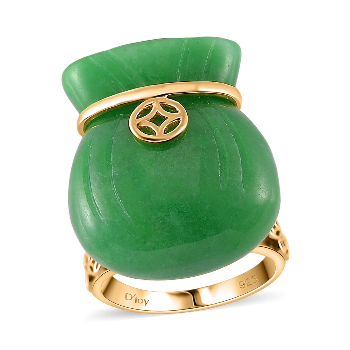 Green Jade (D) 42.00 ctw Carved Tied Money Bag Ring in 18K Vermeil Yellow Gold Over Sterling Silver (Size 6.0) image number 0