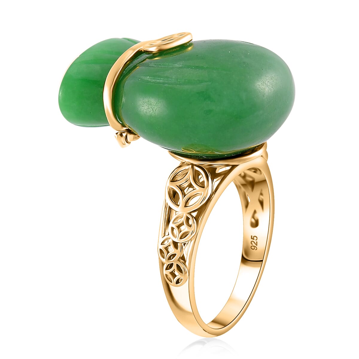 Green Jade (D) 42.00 ctw Carved Tied Money Bag Ring in 18K Vermeil Yellow Gold Over Sterling Silver (Size 7.0) image number 2