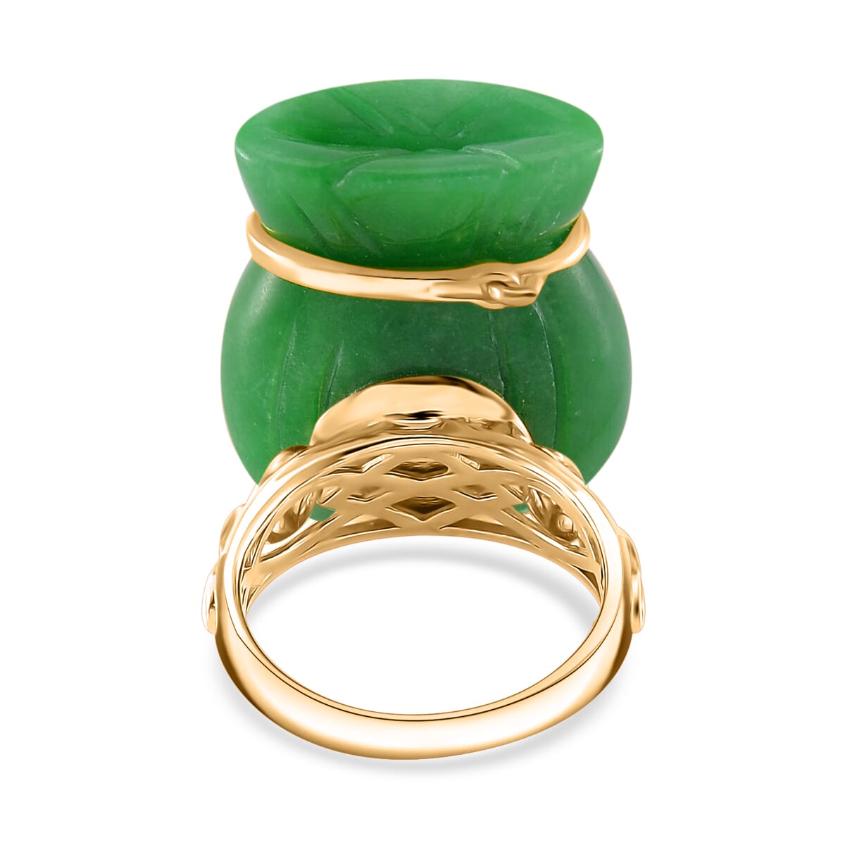 Green Jade (D) 42.00 ctw Carved Tied Money Bag Ring in 18K Vermeil Yellow Gold Over Sterling Silver (Size 7.0) image number 3