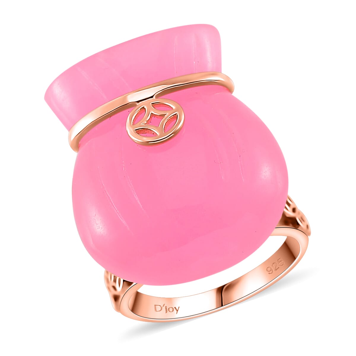 Pink Jade (D) 42.00 ctw Carved Tied Money Bag Ring in 18K Vermeil Rose Gold Over Sterling Silver (Size 6.0) image number 0