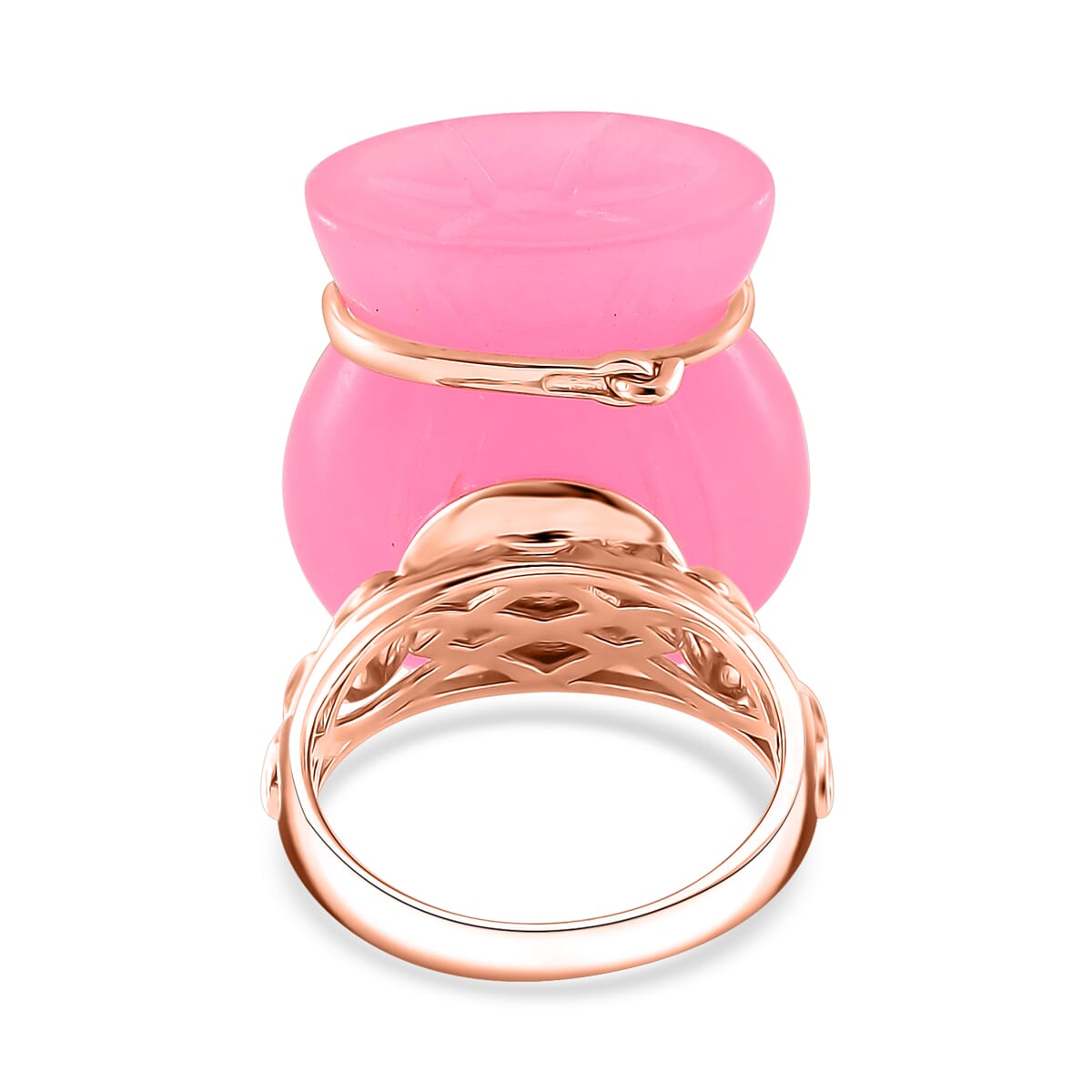 Pink Jade (D) 42.00 ctw Carved Tied Money Bag Ring in 18K Vermeil Rose Gold Over Sterling Silver (Size 6.0) image number 3