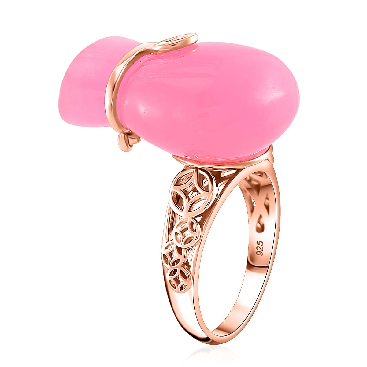 Pink Jade (D) 42.00 ctw Carved Tied Money Bag Ring in 18K Vermeil Rose Gold Over Sterling Silver (Size 7.0)