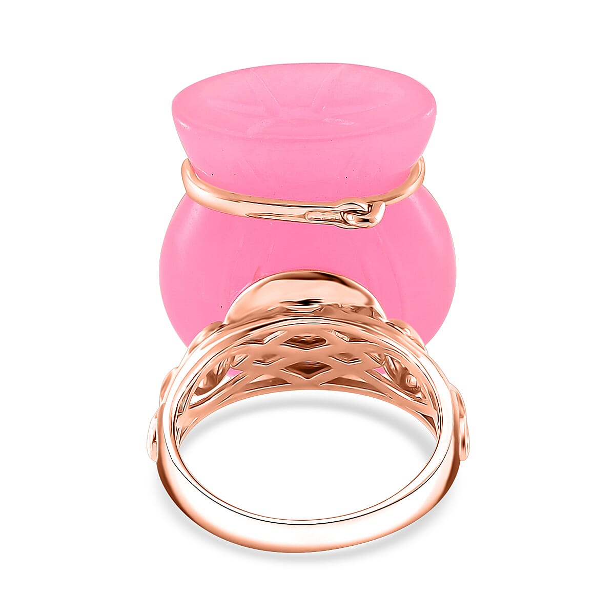Pink Jade (D) 42.00 ctw Carved Tied Money Bag Ring in 18K Vermeil Rose Gold Over Sterling Silver (Size 7.0)