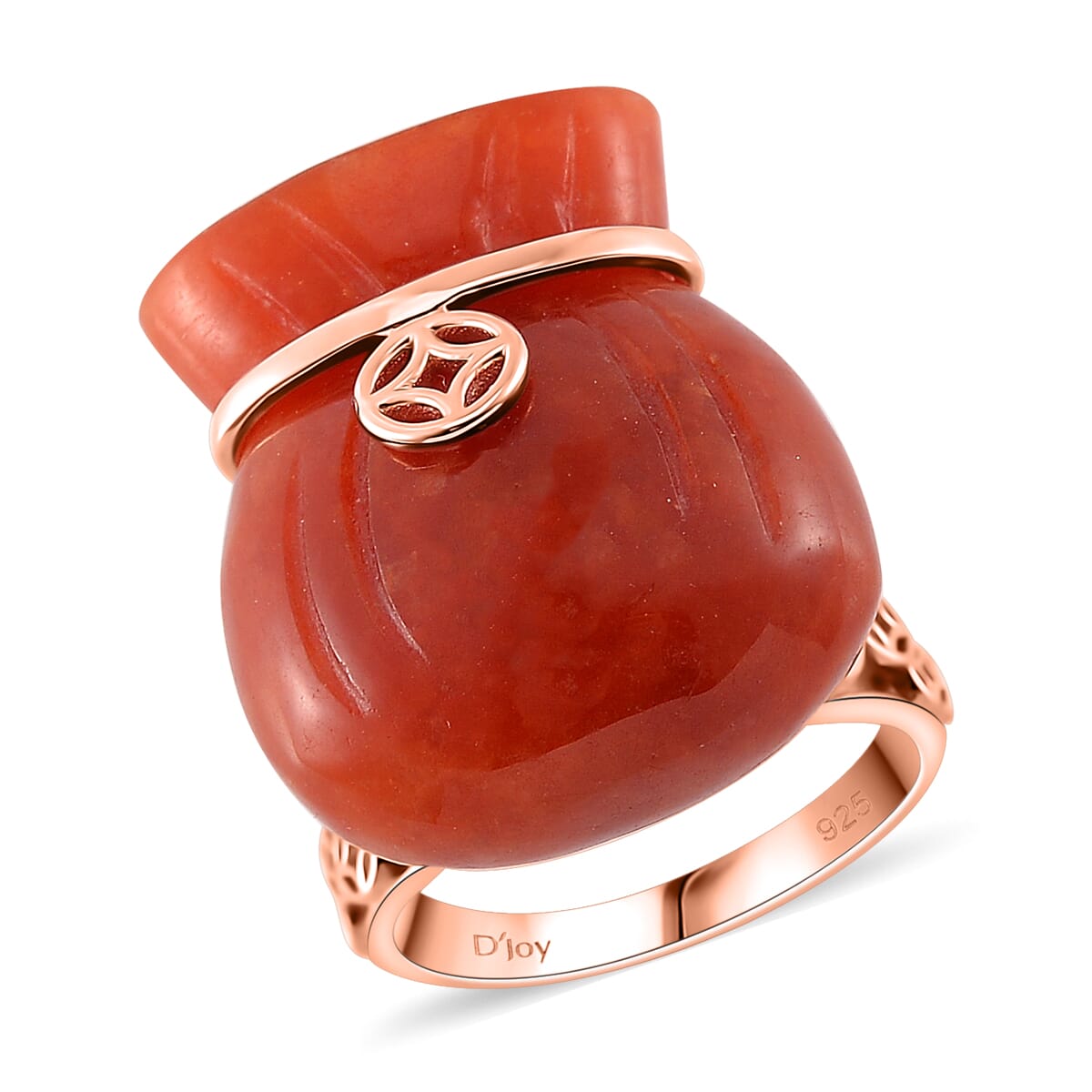 Red Jade (D) 42.00 ctw Carved Tied Money Bag Ring in 18K Vermeil Rose Gold Over Sterling Silver (Size 6.0) image number 0