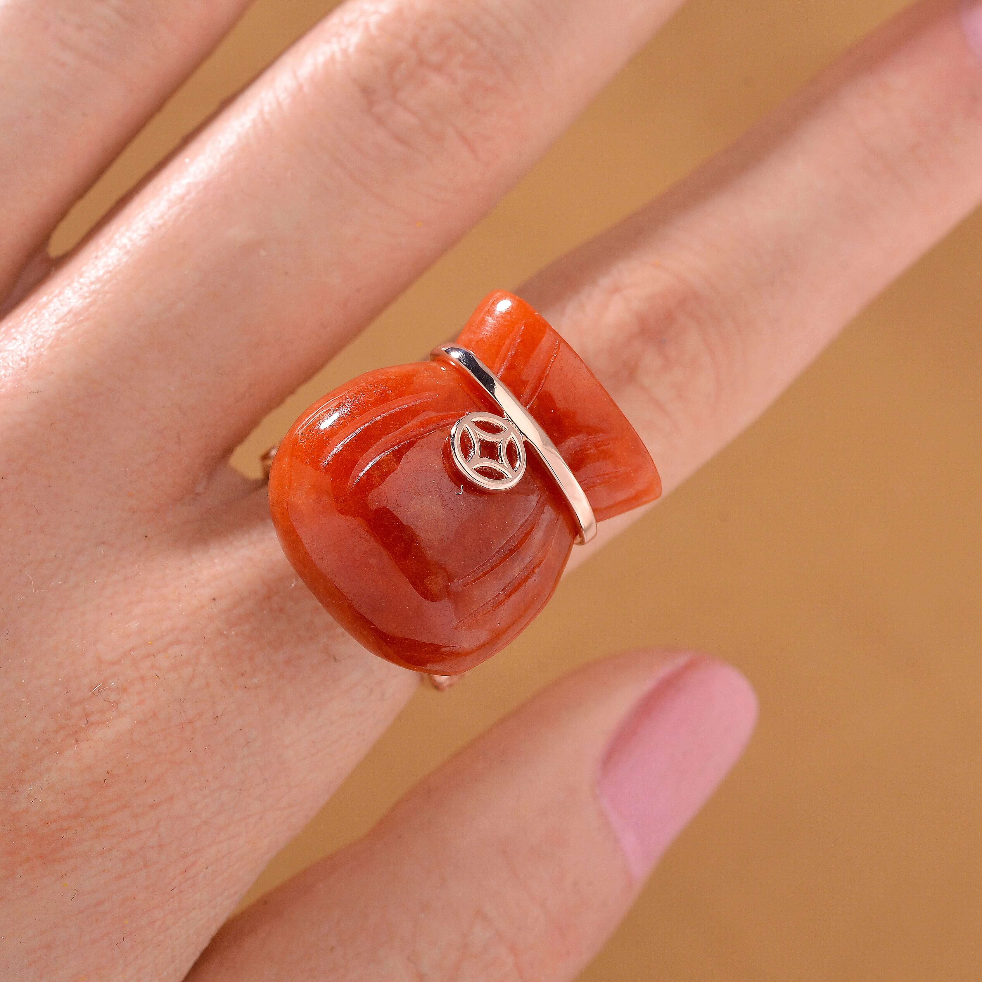Red Jade (D) 42.00 ctw Carved Tied Money Bag Ring in 18K Vermeil Rose Gold Over Sterling Silver (Size 8.0)
