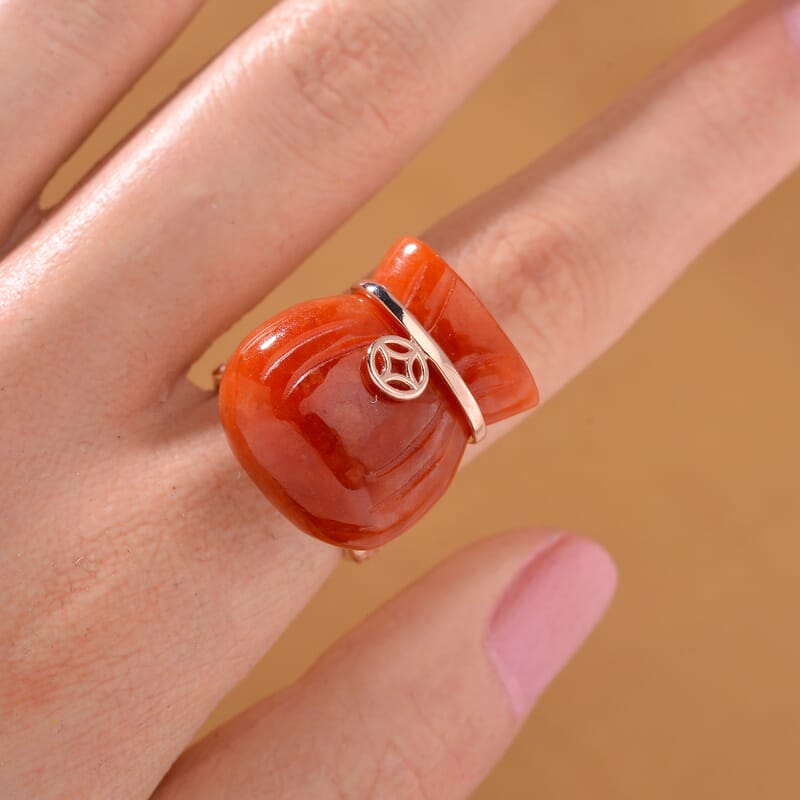 Red Jade (D) 42.00 ctw Carved Tied Money Bag Ring in 18K Vermeil Rose Gold Over Sterling Silver (Size 8.0)