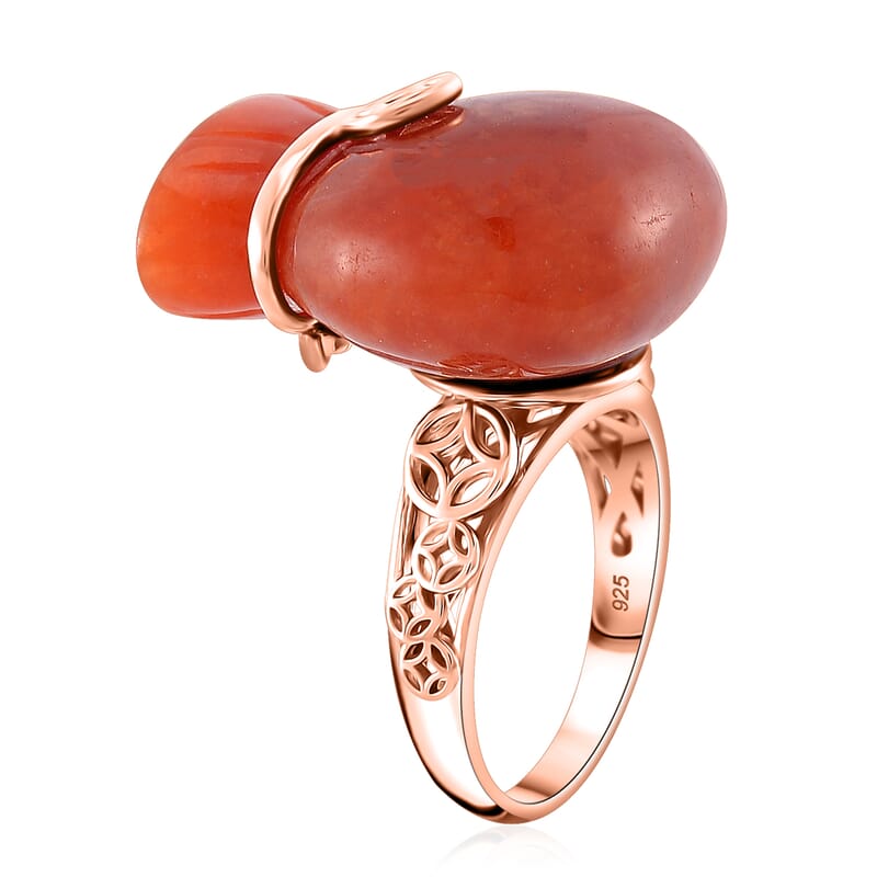 Red Jade (D) 42.00 ctw Carved Tied Money Bag Ring in 18K Vermeil Rose Gold Over Sterling Silver (Size 8.0)