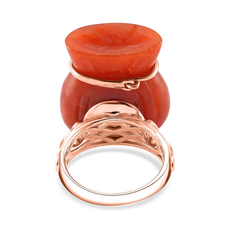 Red Jade (D) 42.00 ctw Carved Tied Money Bag Ring in 18K Vermeil Rose Gold Over Sterling Silver (Size 8.0)