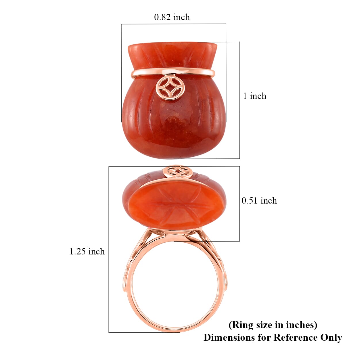 Red Jade (D) 42.00 ctw Carved Tied Money Bag Ring in 18K Vermeil Rose Gold Over Sterling Silver (Size 8.0) image number 4