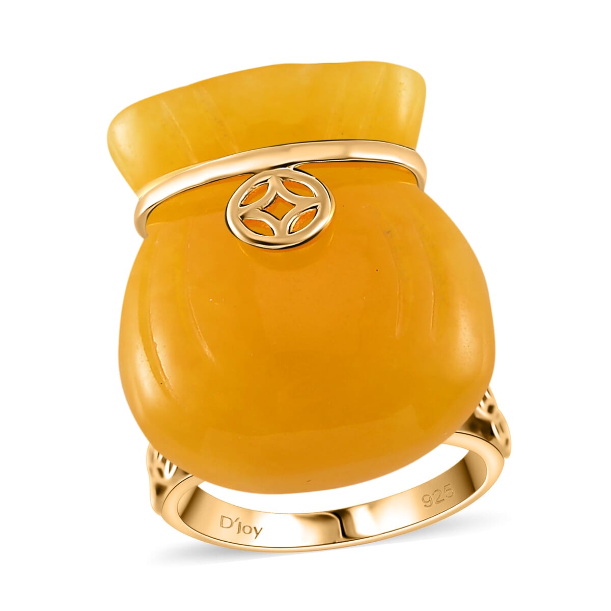 Honey Jade (D) 42.00 ctw Carved Tied Money Bag Ring in 18K Vermeil Yellow Gold Over Sterling Silver (Size 10.0) image number 0
