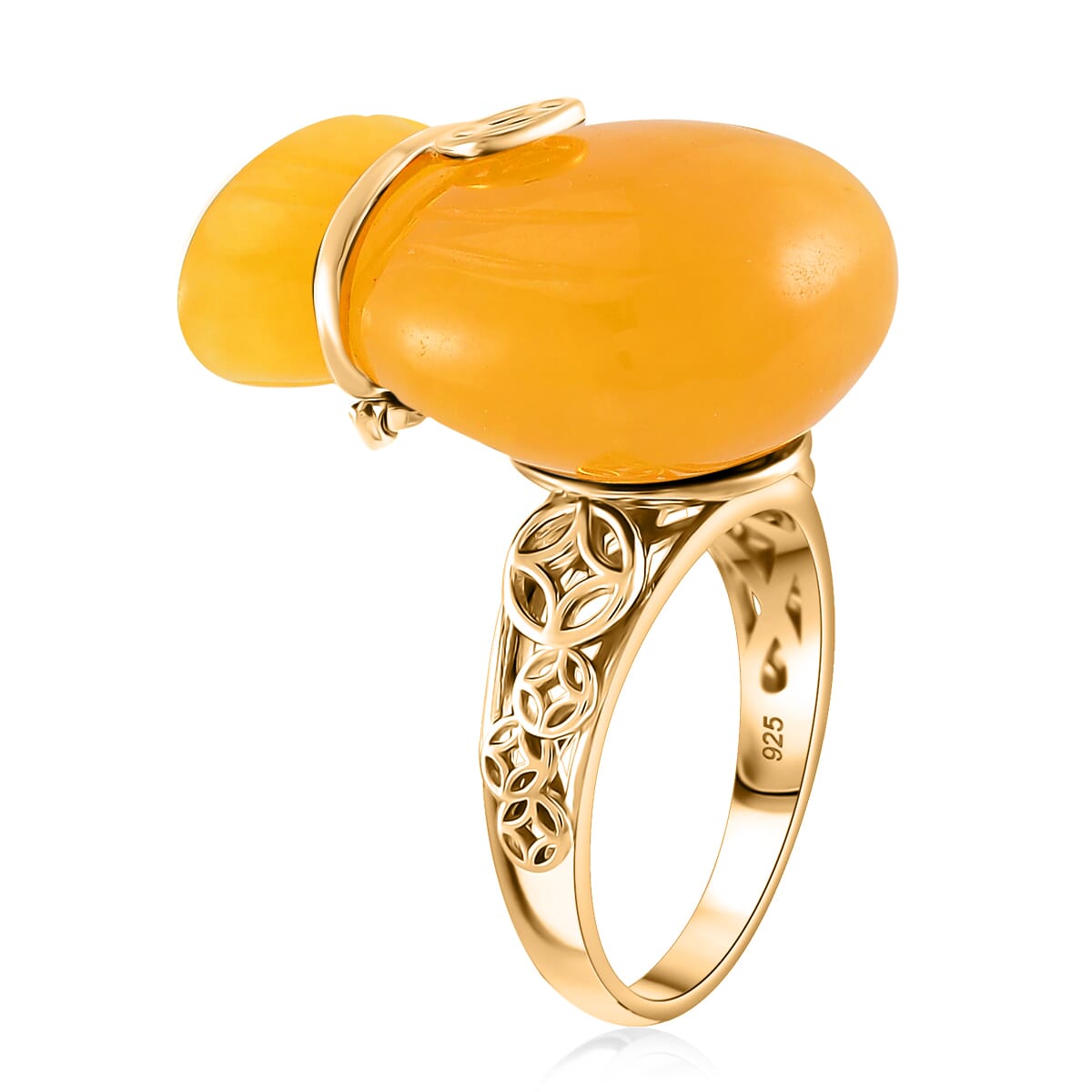 Honey Jade (D) 42.00 ctw Carved Tied Money Bag Ring in 18K Vermeil Yellow Gold Over Sterling Silver (Size 10.0) image number 2