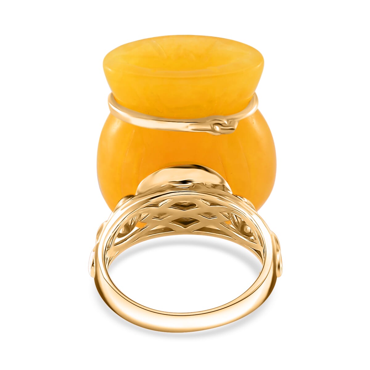 Honey Jade (D) 42.00 ctw Carved Tied Money Bag Ring in 18K Vermeil Yellow Gold Over Sterling Silver (Size 10.0) image number 3