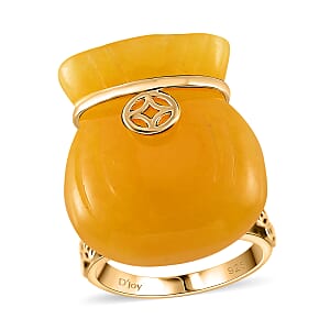 Honey Jade (D) 42.00 ctw Carved Tied Money Bag Ring in 18K Vermeil Yellow Gold Over Sterling Silver (Size 6.0)