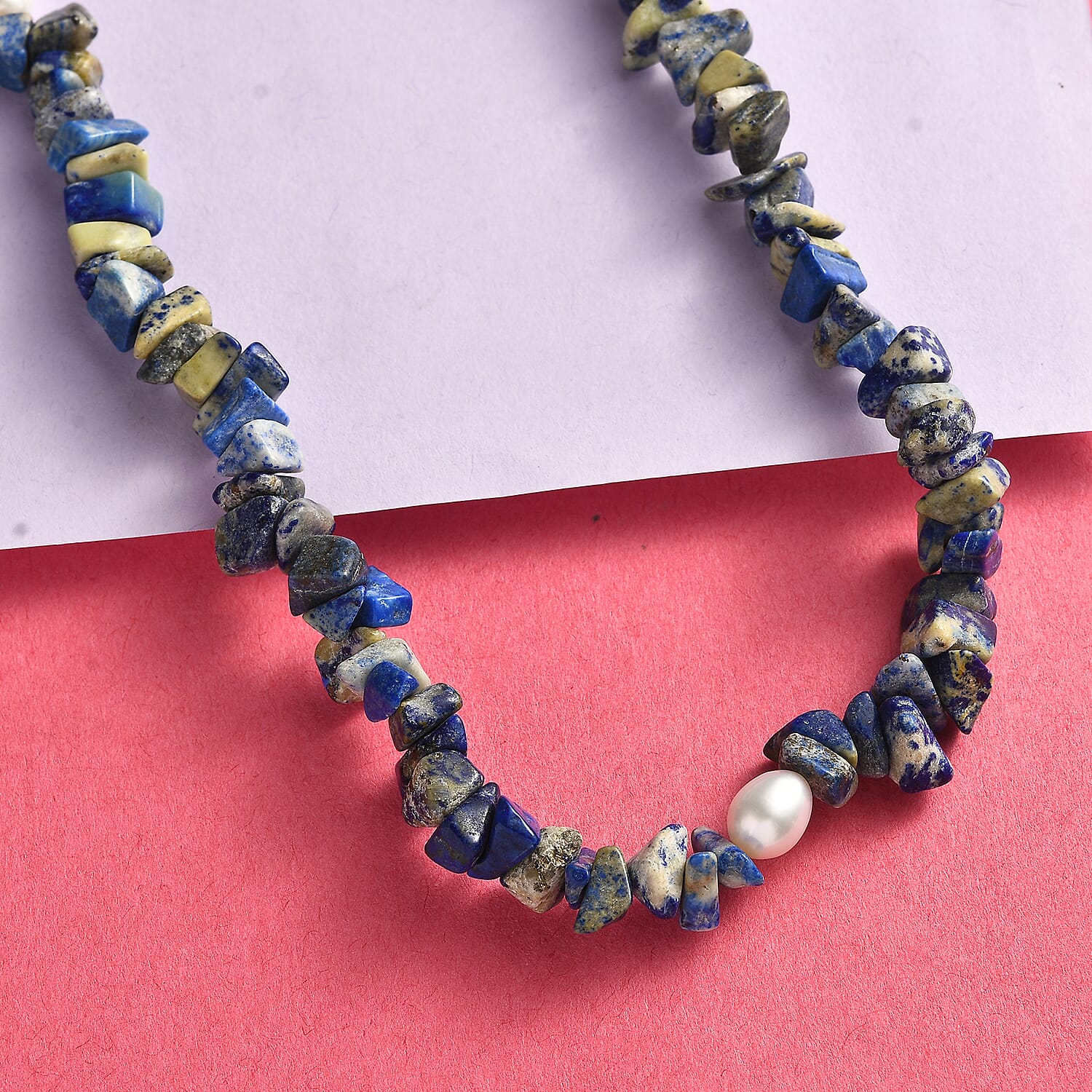 Sodalite Chips and Freshwater Pearl 286.00 ctw Necklace 28 Inches