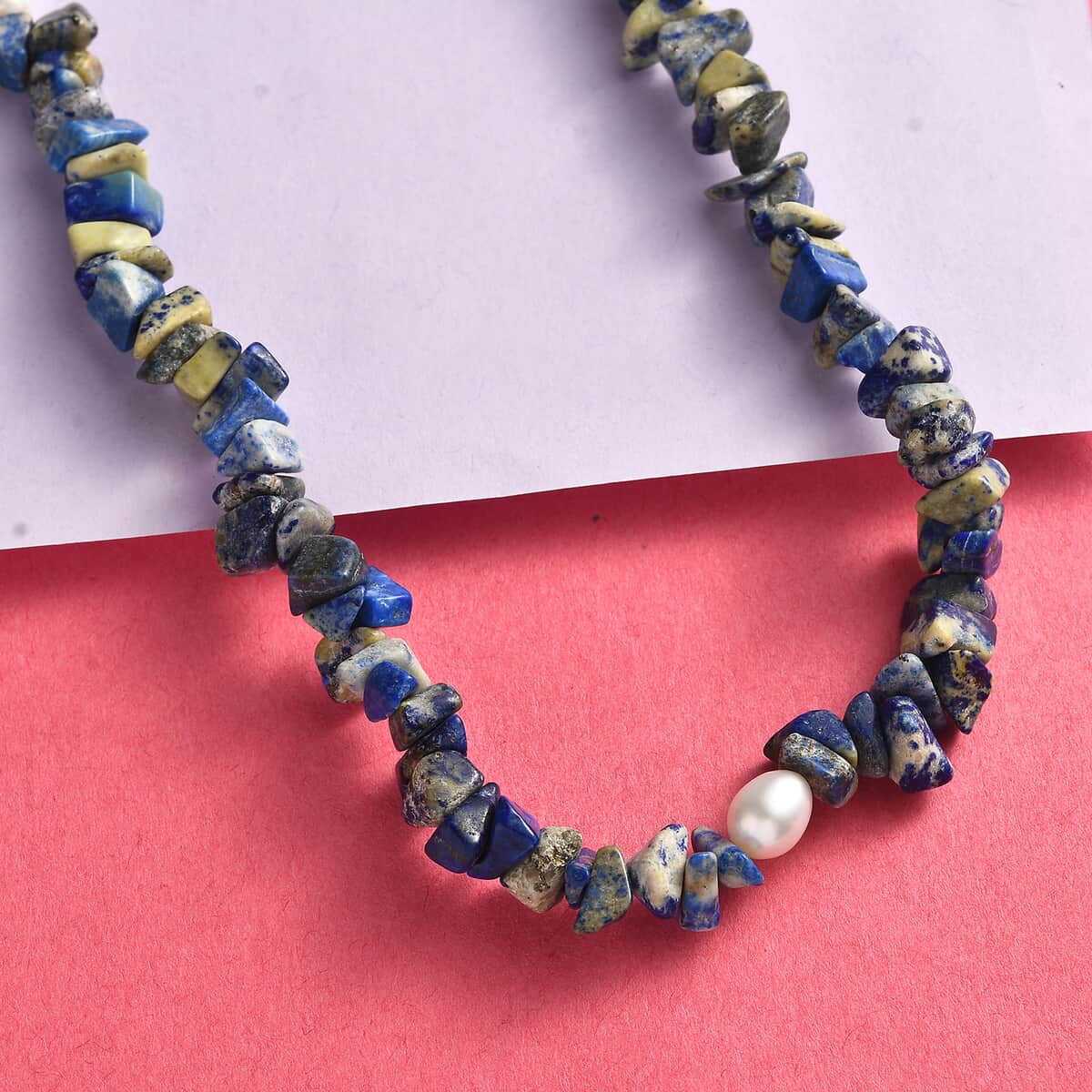 Sodalite Chips and Freshwater Pearl 286.00 ctw Necklace 28 Inches image number 1