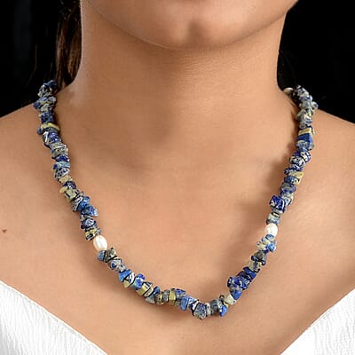 Sodalite Chips and Freshwater Pearl 286.00 ctw Necklace 28 Inches