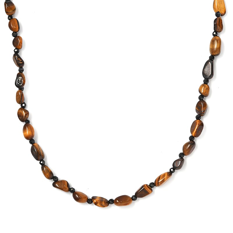 Tiger's Eye and Thai Black Spinel 88.00 ctw Necklace in Stainless Steel 20 Inches