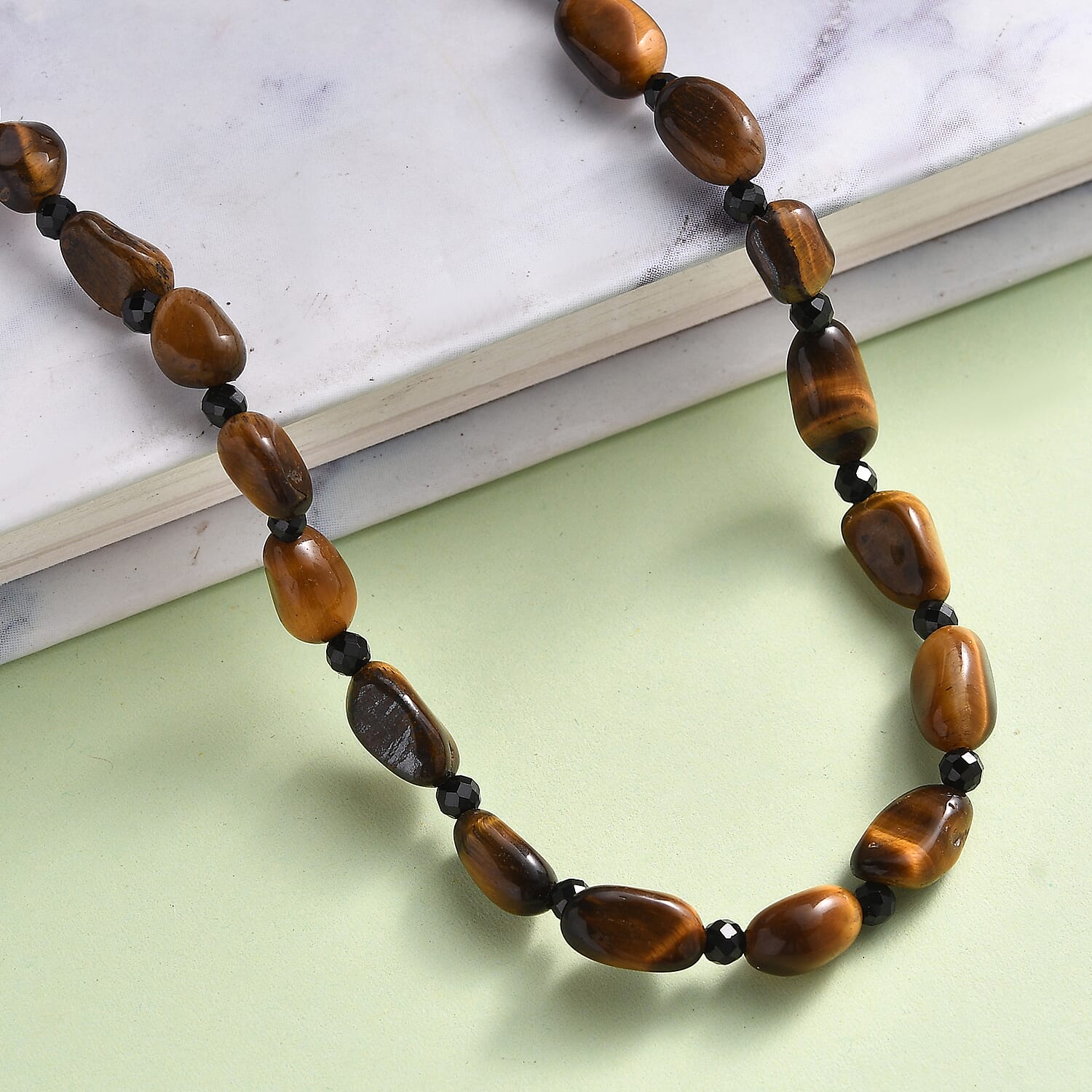 Tiger's Eye and Thai Black Spinel 88.00 ctw Necklace in Stainless Steel 20 Inches