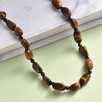 Tiger's Eye and Thai Black Spinel 88.00 ctw Necklace in Stainless Steel 20 Inches